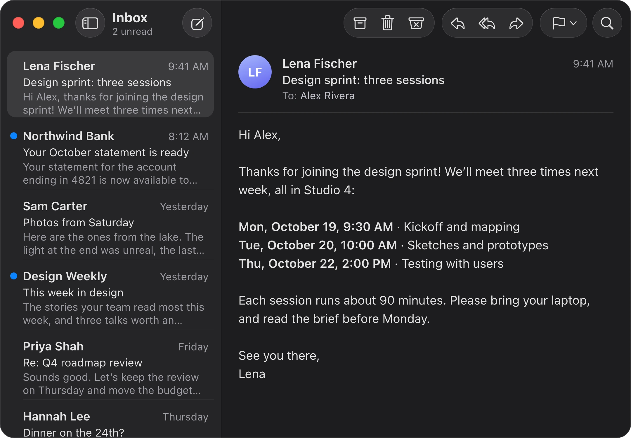 Mail with an email from Lena Fischer: three design-sprint sessions next week, Monday 9:30, Tuesday 10:00 and Thursday 2:00, in Studio 4