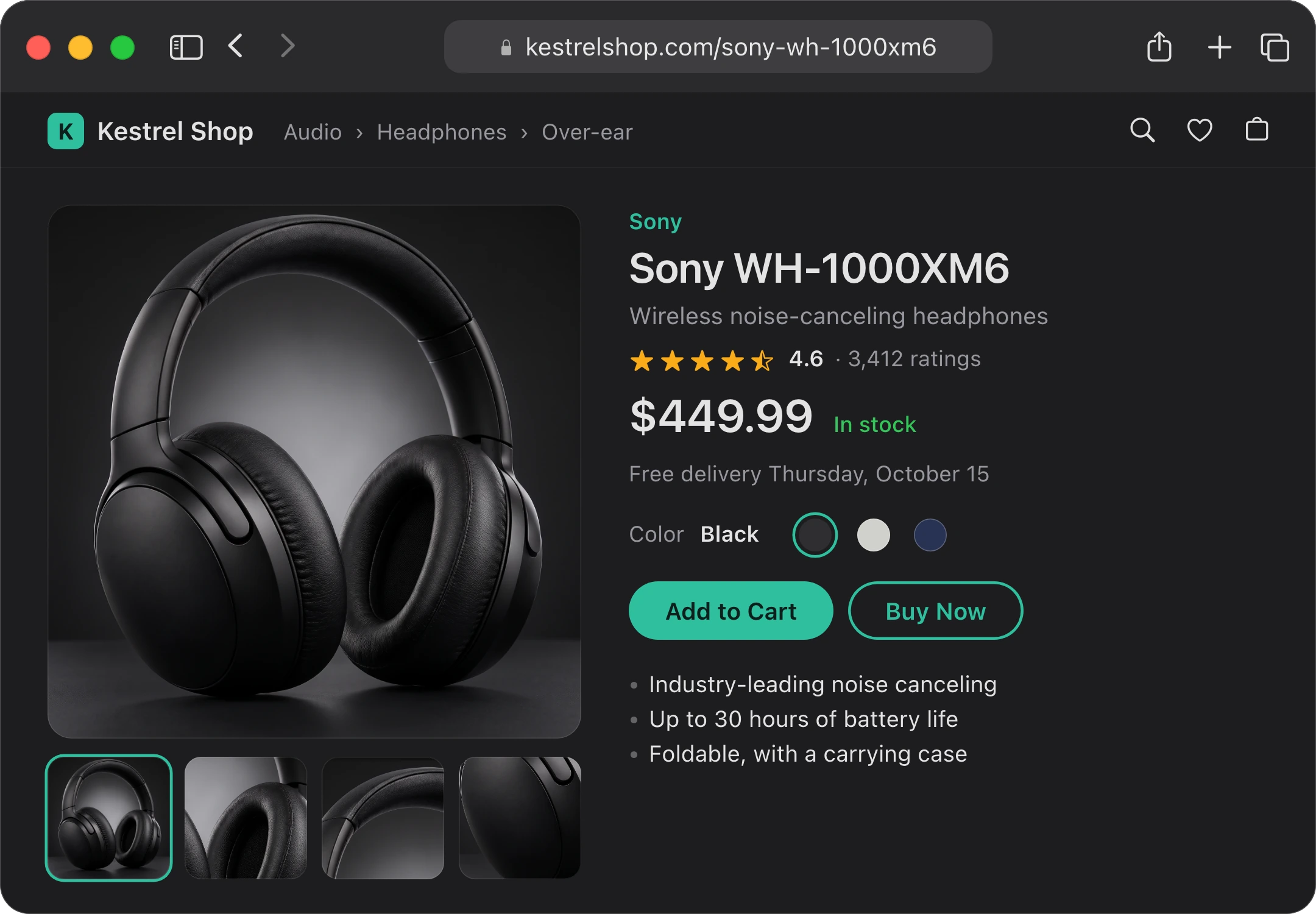 A shop's page for Sony WH-1000XM6 headphones at $449.99