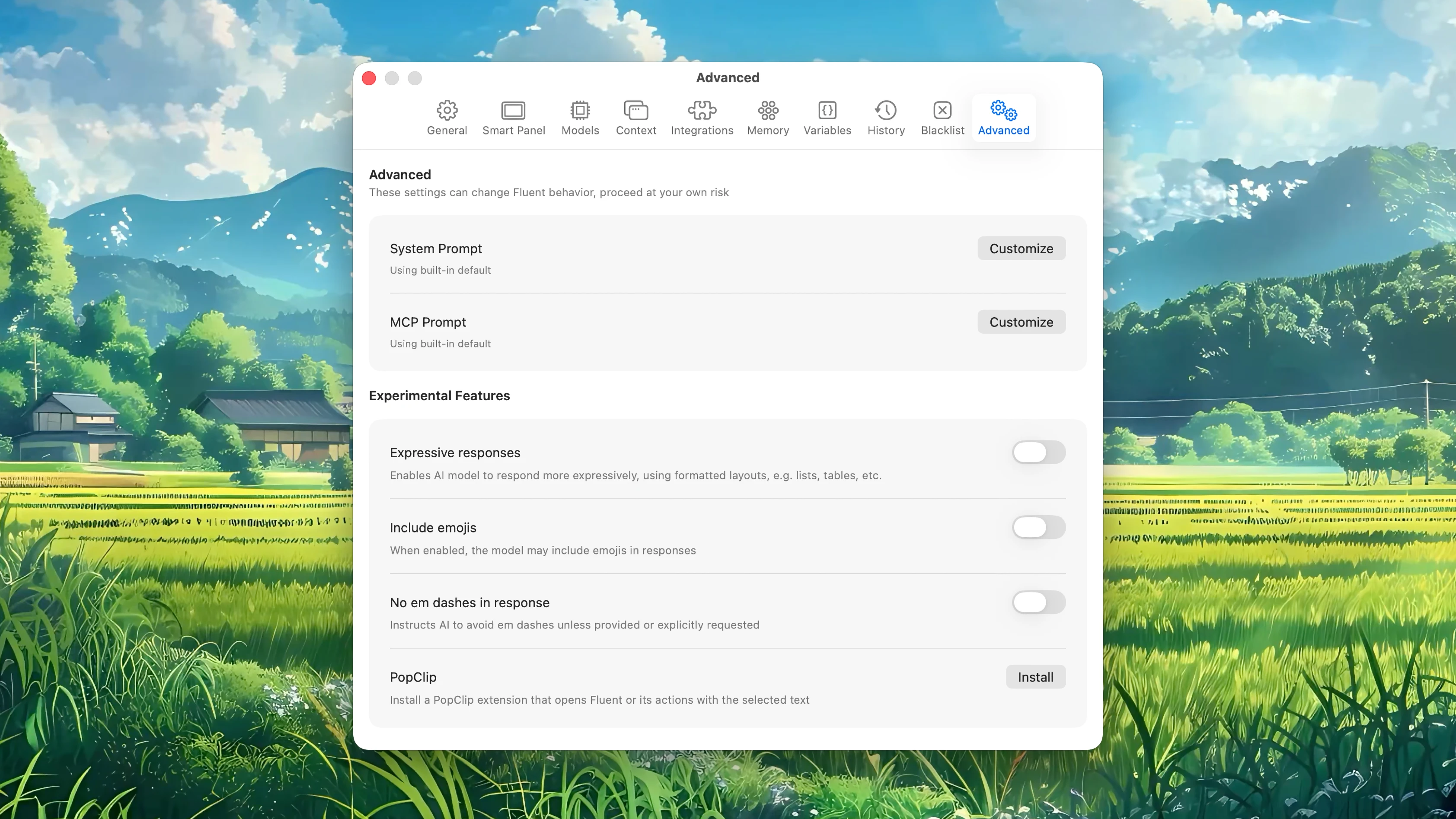 Fluent – Advanced Settings