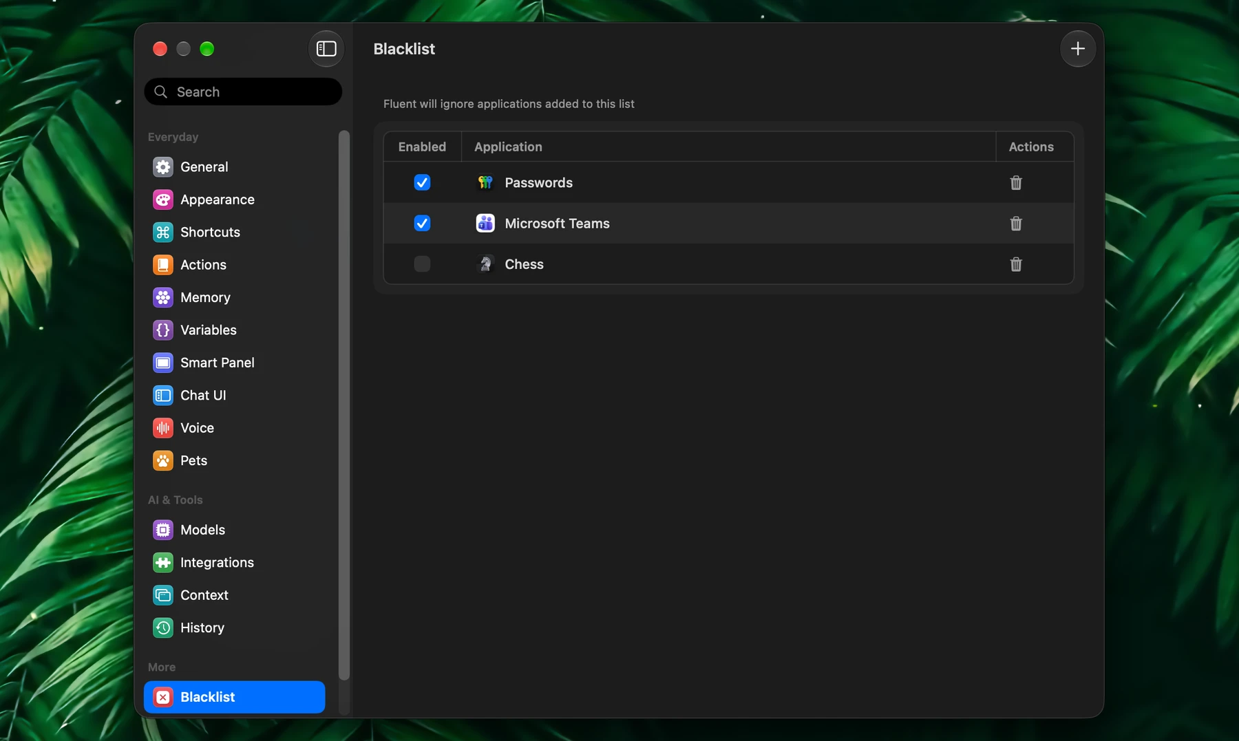 Fluent – Blacklist Settings