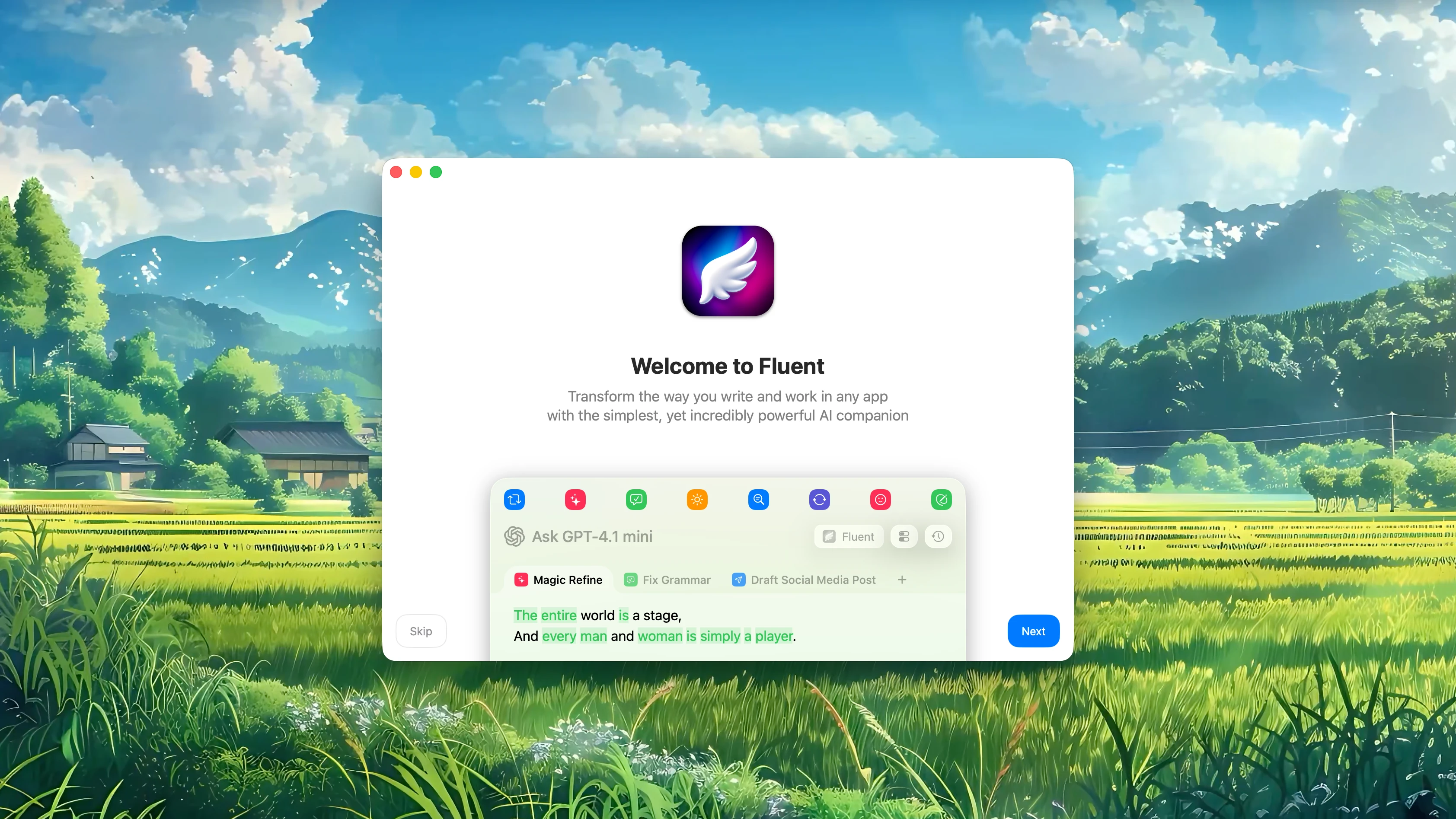 Fluent Onboarding – Welcome Screen