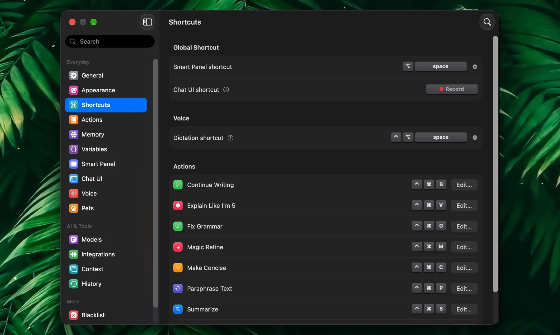 Fluent – Shortcuts Settings