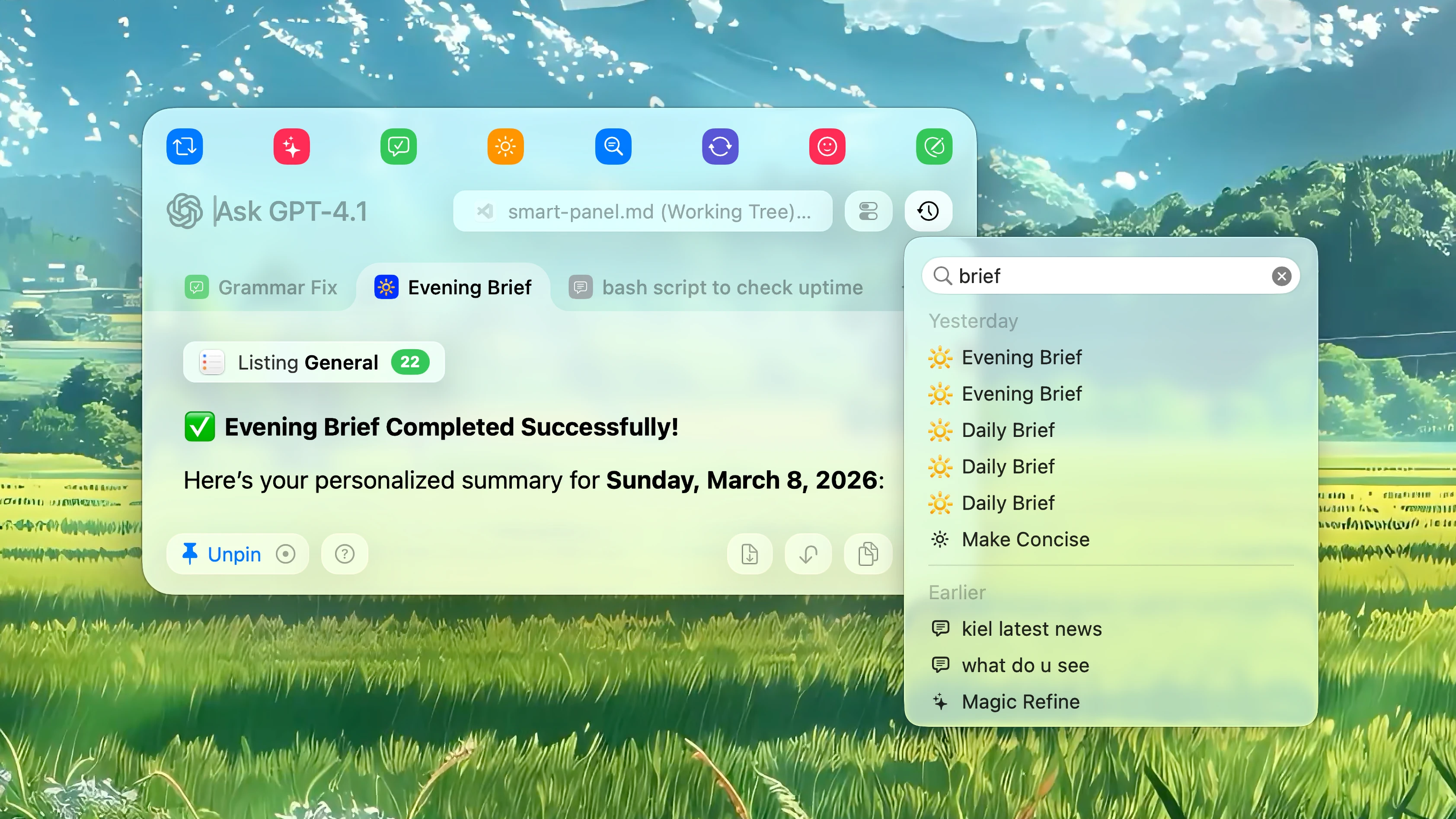 Fluent – Smart Panel History Menu