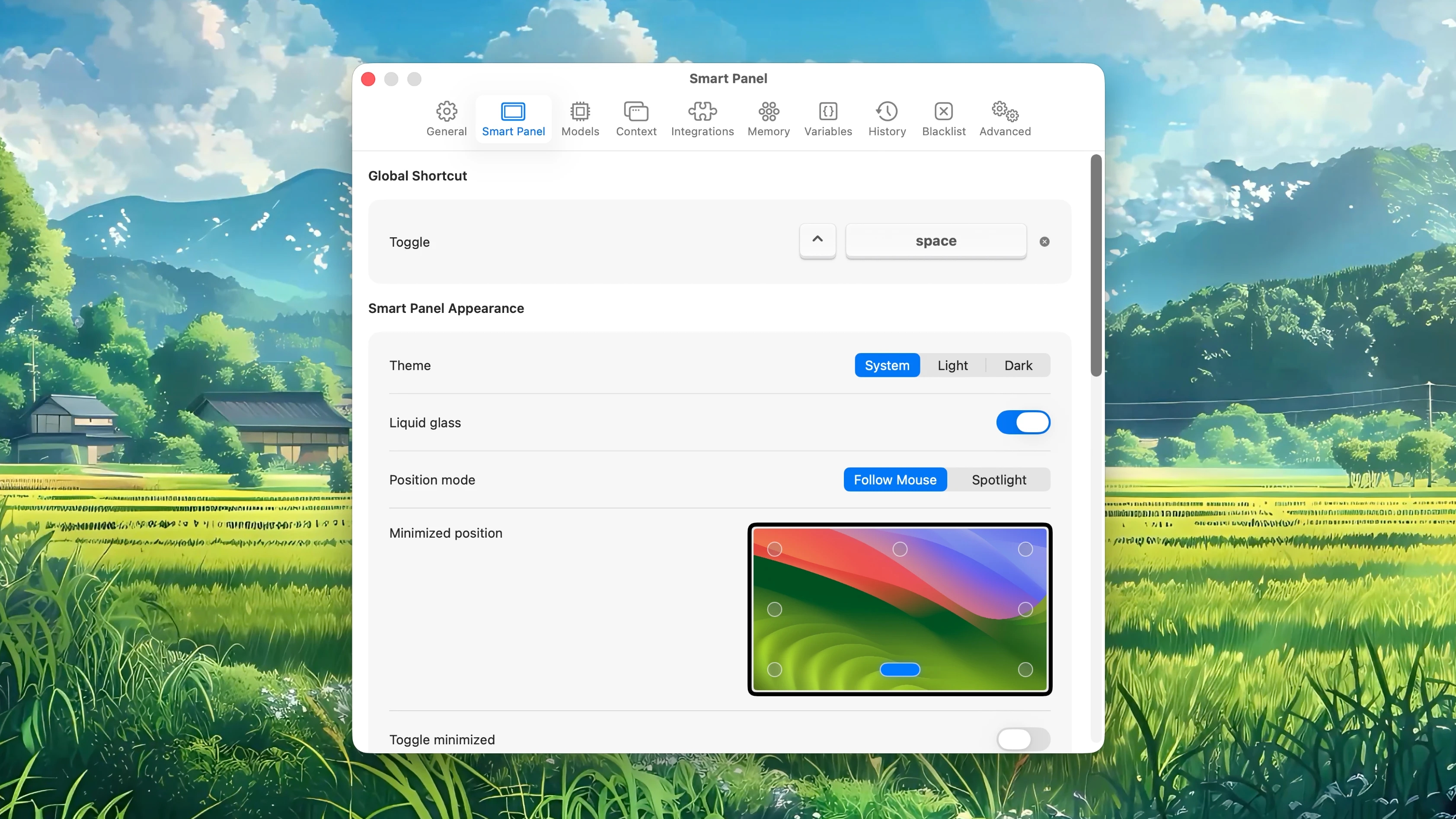 Fluent – Smart Panel Settings Position