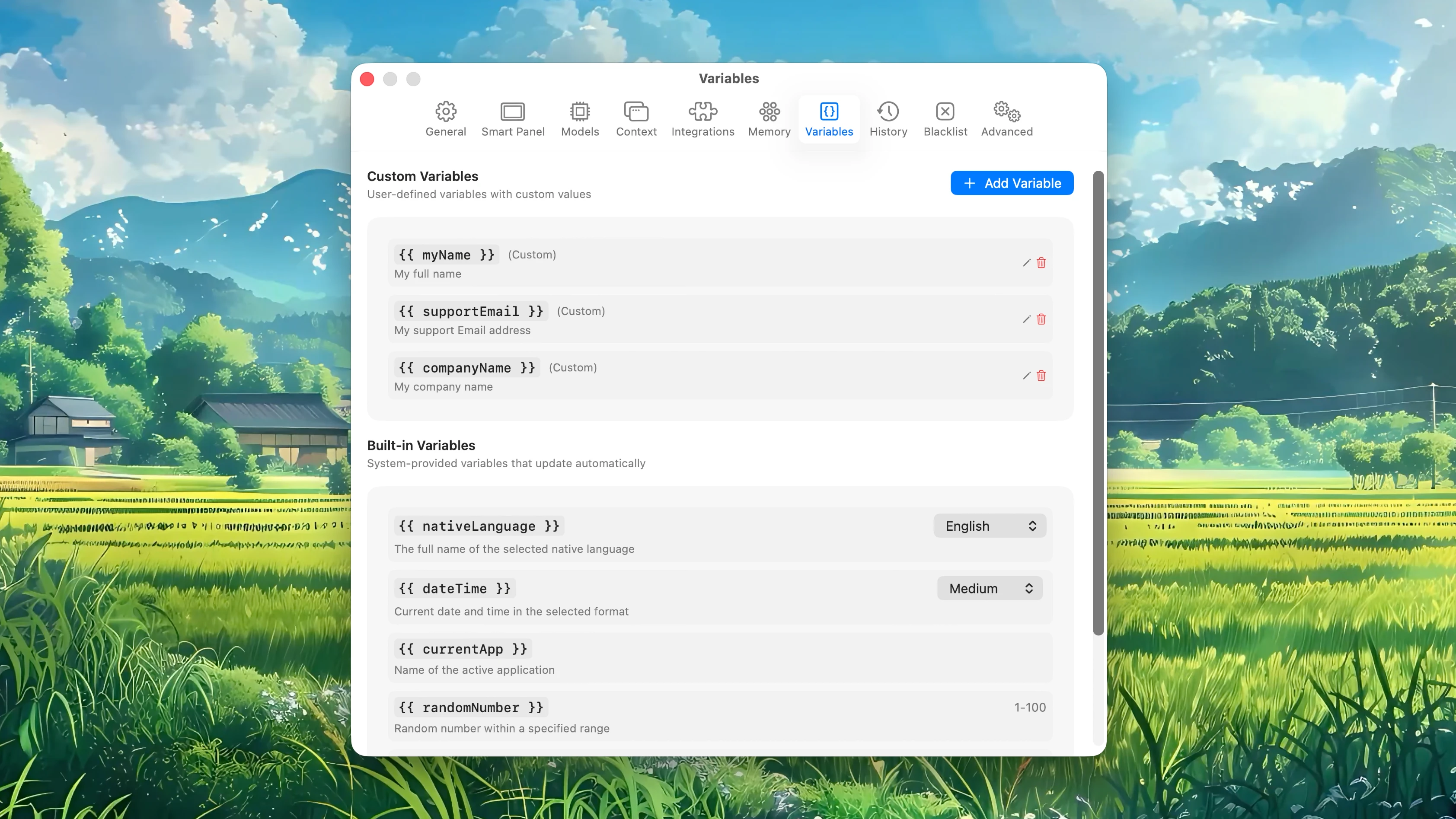 Fluent – Variables Settings